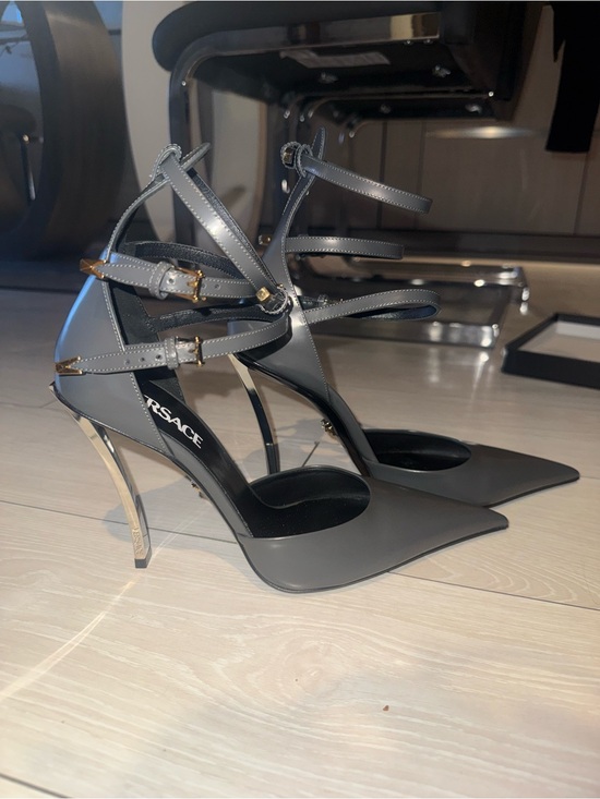 Versace Shoes - Versace Gray Strappy Pointed Stiletto Heels with Gold Accents.